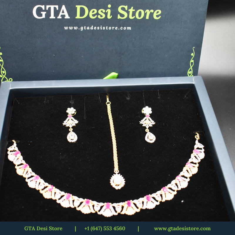 Stylish American Diamond Necklace Necklace Set with Earrings Tikka