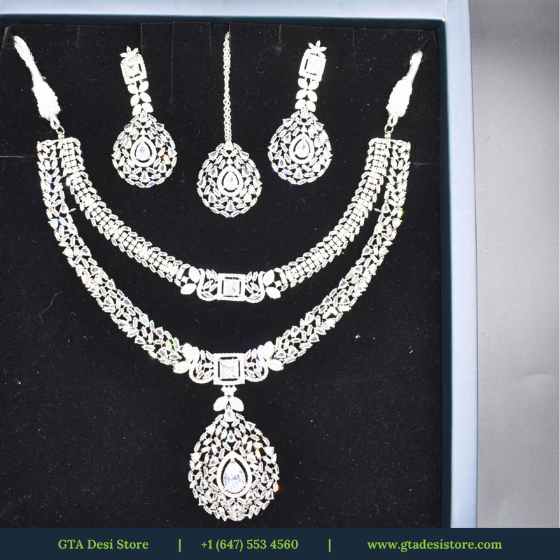 American Diamond Studded Maang Tikka & Earrings Jewellery Set