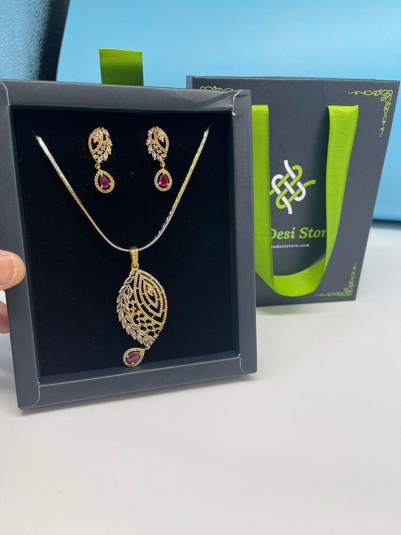 American Diamond Golden and red stone Jewelry Set with earrings,Ad Necklace Set with Earrings,Indian Jewelry Set,Bridal Jewelry,CZ Necklace,