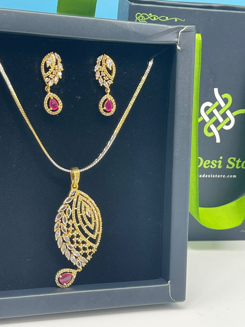 American Diamond Golden and red stone Jewelry Set with earrings,Ad Necklace Set with Earrings,Indian Jewelry Set,Bridal Jewelry,CZ Necklace,