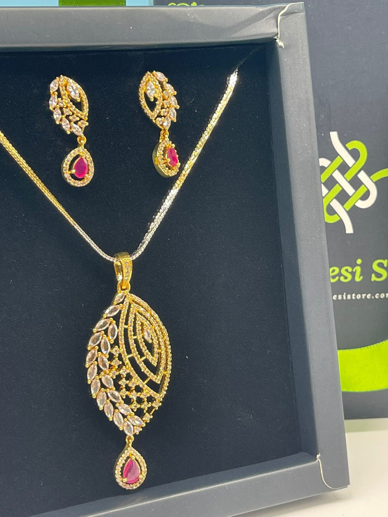 American Diamond Golden and red stone Jewelry Set with earrings,Ad Necklace Set with Earrings,Indian Jewelry Set,Bridal Jewelry,CZ Necklace,