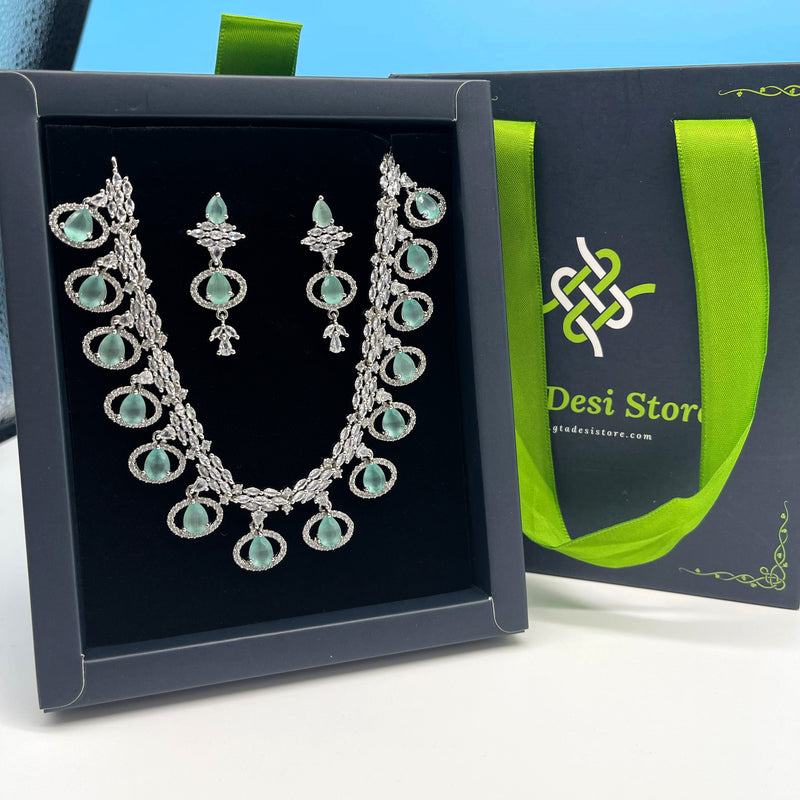 American Diamond Jewelry Set with earrings,Ad Necklace Set with Earrings,Indian Jewelry Set,Bridal Jewelry,lite Green Necklace with Earrings