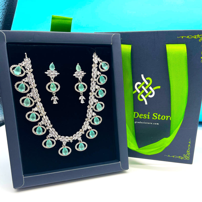 American Diamond Jewelry Set with earrings,Ad Necklace Set with Earrings,Indian Jewelry Set,Bridal Jewelry,lite Green Necklace with Earrings