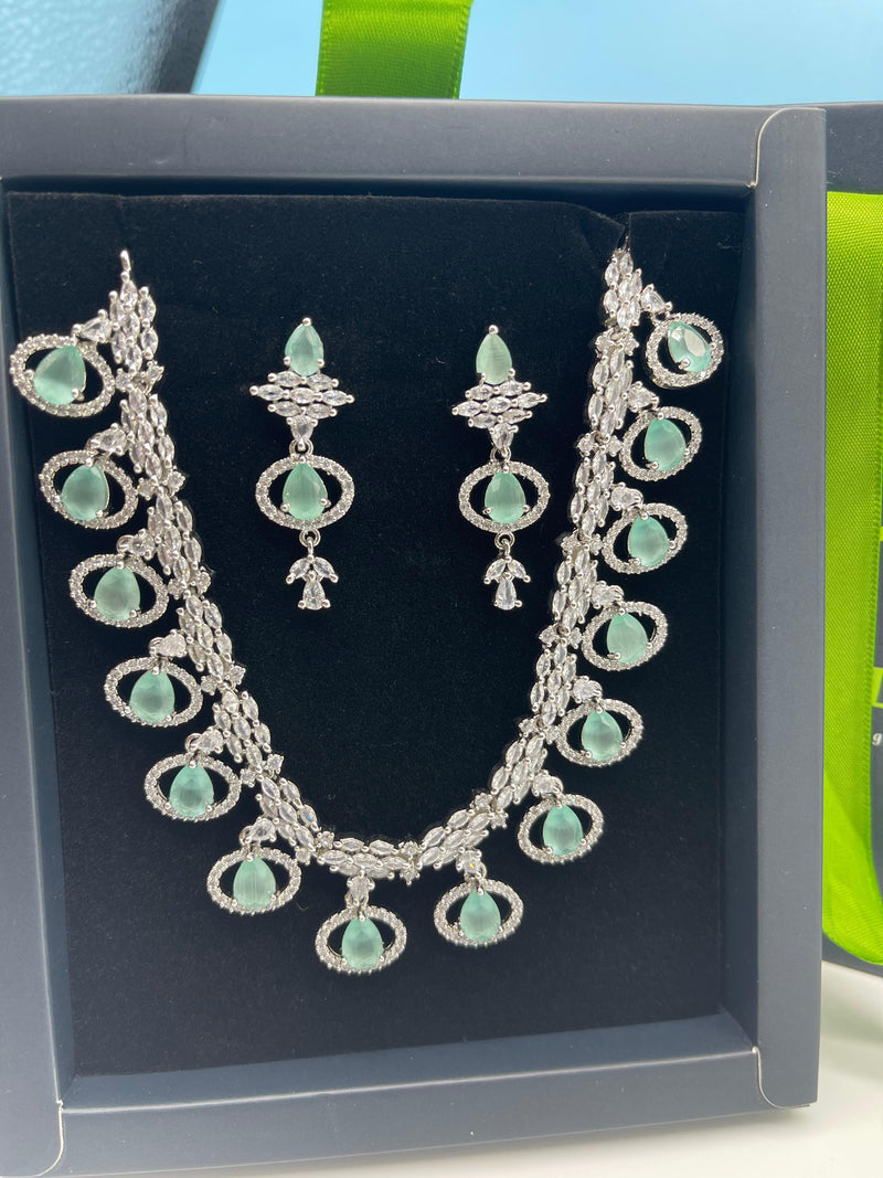 American Diamond Jewelry Set with earrings,Ad Necklace Set with Earrings,Indian Jewelry Set,Bridal Jewelry,lite Green Necklace with Earrings