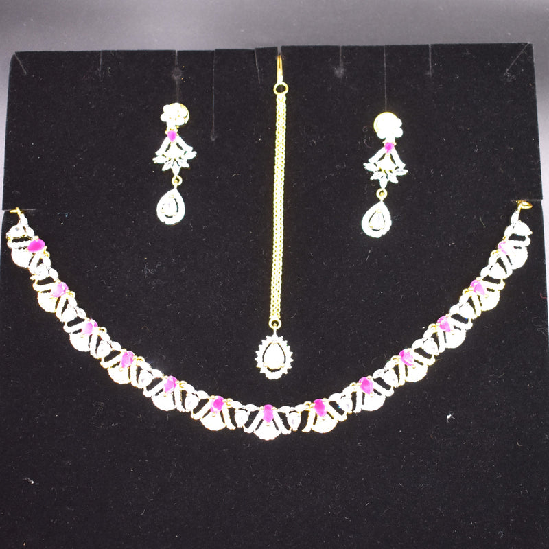 Stylish American Diamond Necklace Necklace Set with Earrings Tikka