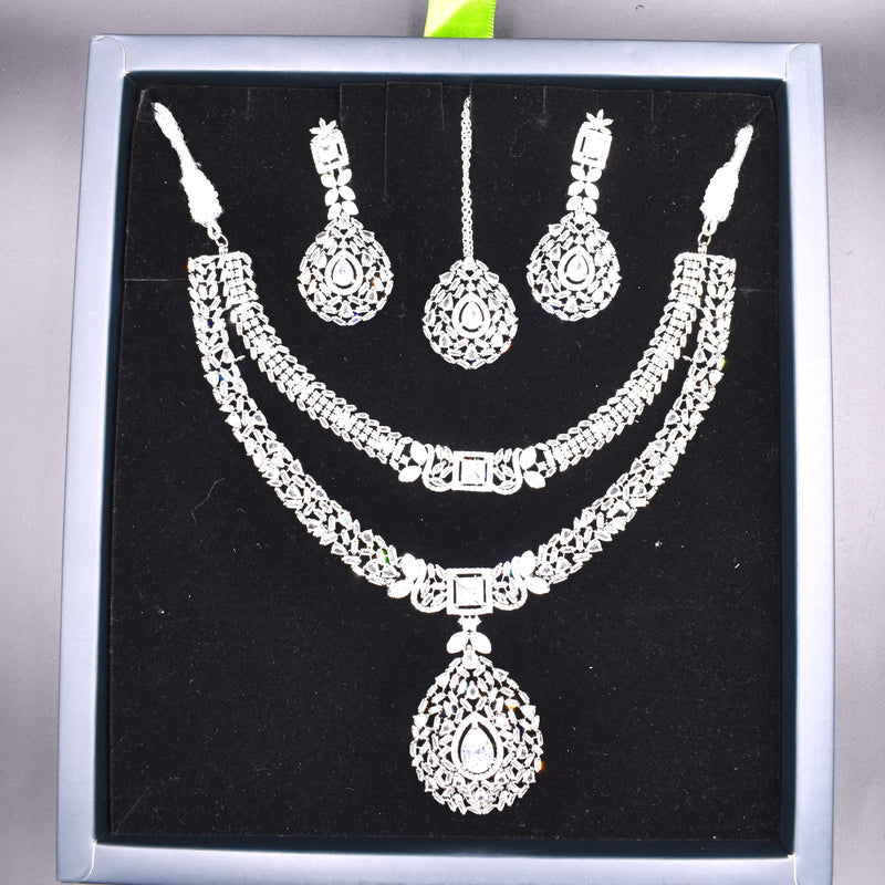 American Diamond Studded Maang Tikka & Earrings Jewellery Set