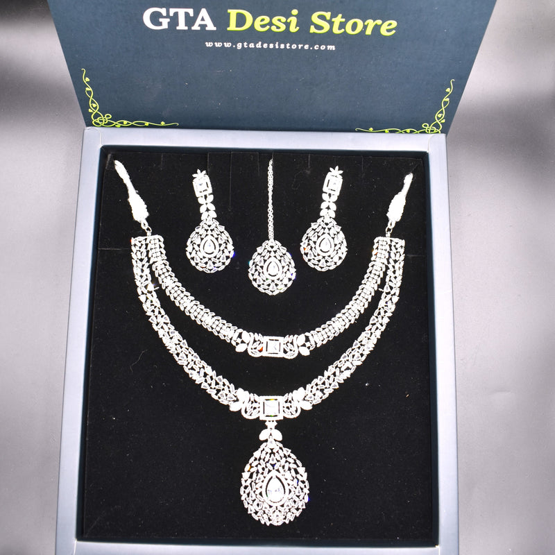 American Diamond Studded Maang Tikka & Earrings Jewellery Set