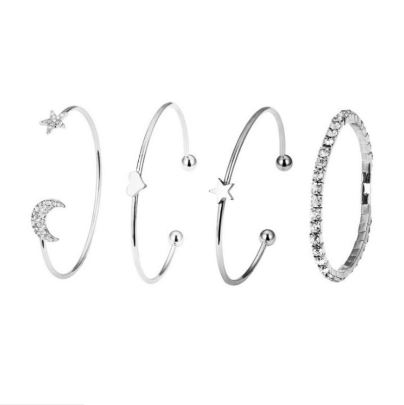 Star And Moon Diamond Glossy Heart And Star Bracelet - Silver / 4pcs - Accessories by GTA Desi Store
