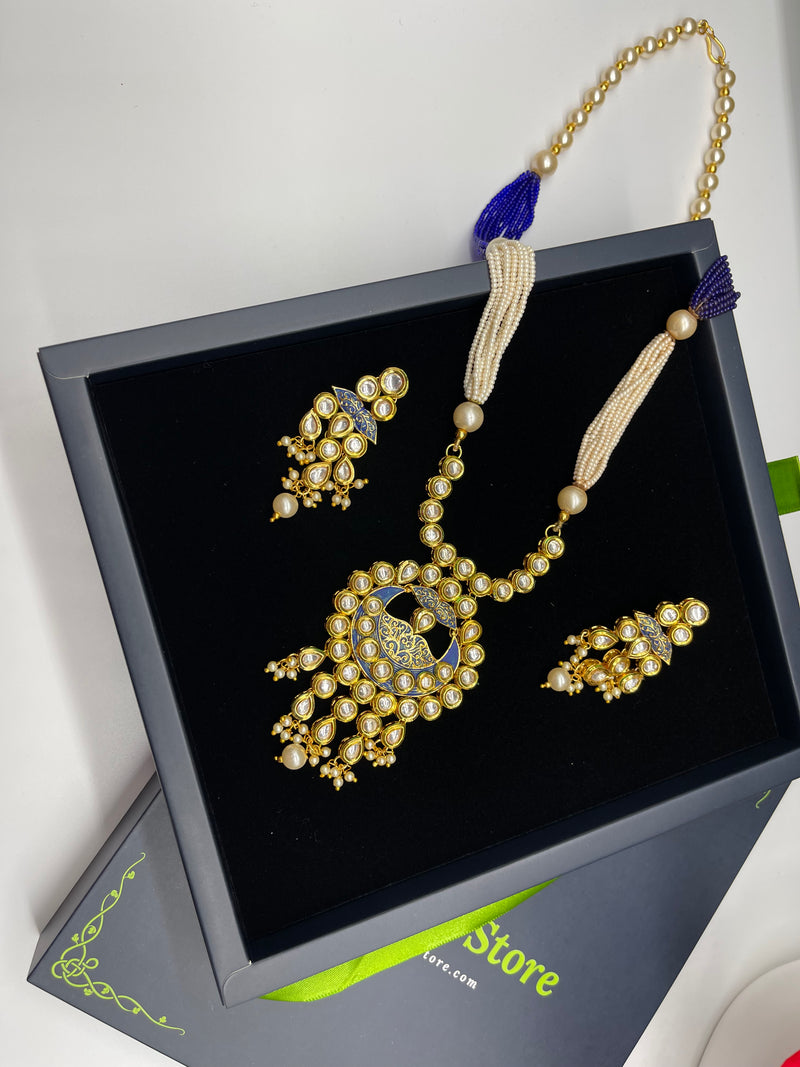Kundan Mala set - Blue - Necklaces by GTA Desi Store