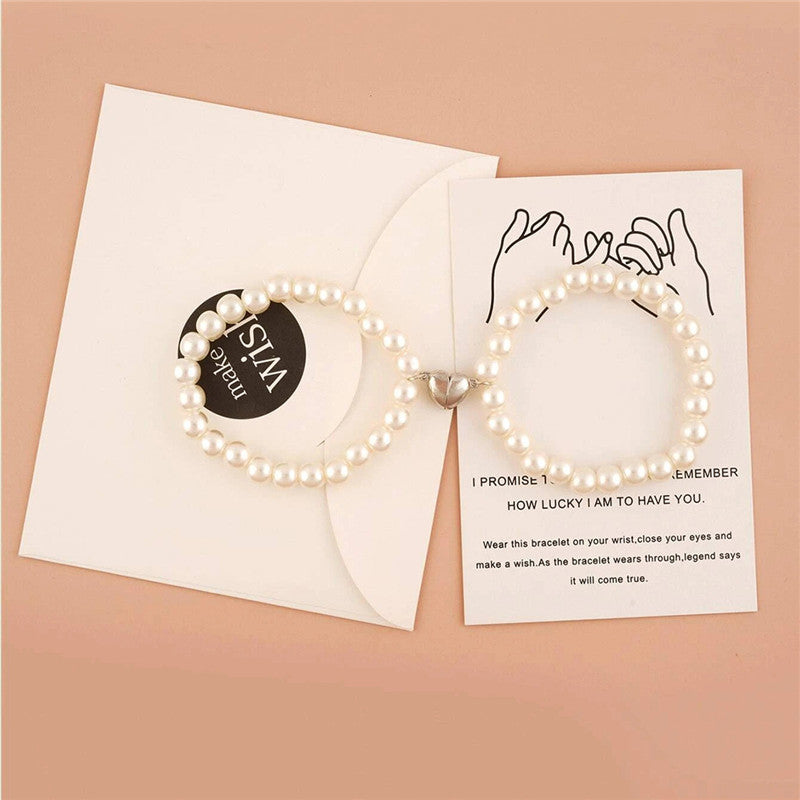BFF Pearls And Heart-shaped Magnetic Clasp Bracelet - Accessories by GTA Desi Store