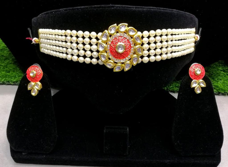 Buy Pearl Choker Necklace with Earrings; GTA Desi Store - Red - Necklaces by GTA Desi Store