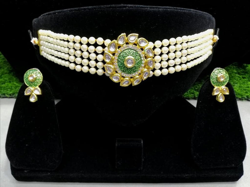 Buy Pearl Choker Necklace with Earrings; GTA Desi Store - Green - Necklaces by GTA Desi Store