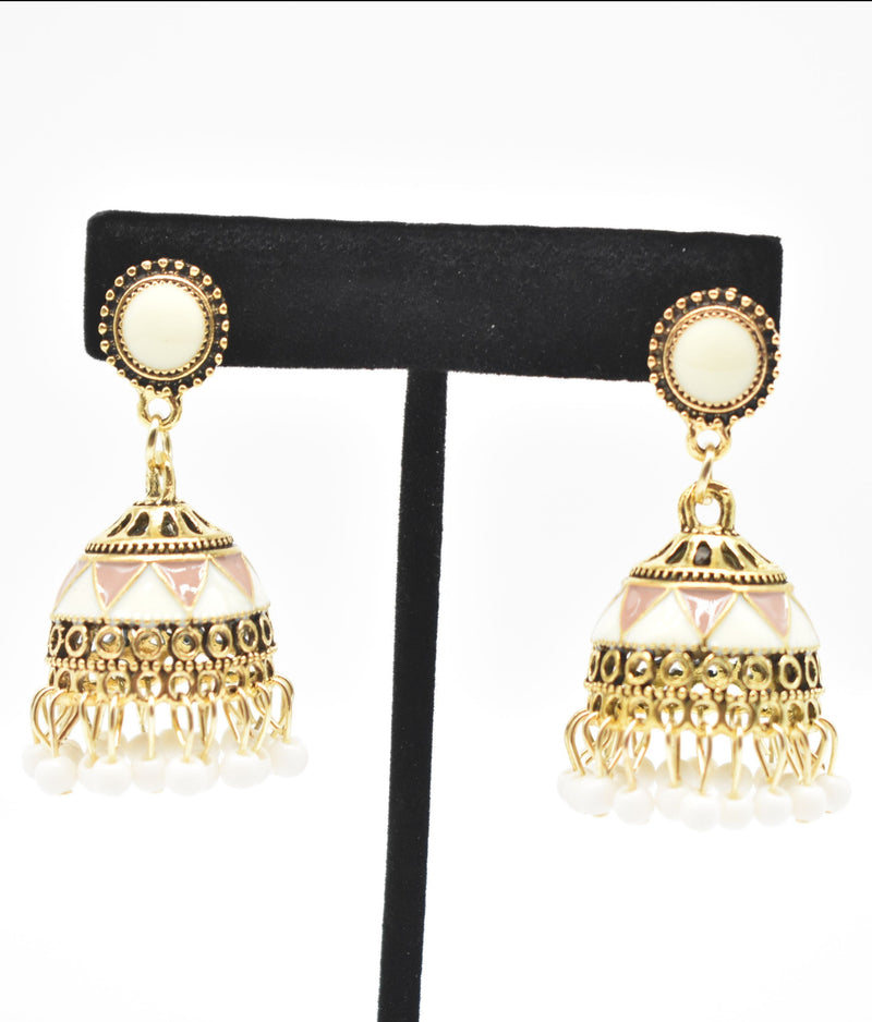 Peach and White Ethnic Jhumka Kundan Style Earrings - Earrings by GTA Desi Store