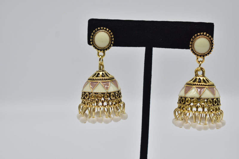Peach and White Ethnic Jhumka Kundan Style Earrings - Earrings by GTA Desi Store