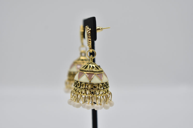 Peach and White Ethnic Jhumka Kundan Style Earrings - Earrings by GTA Desi Store