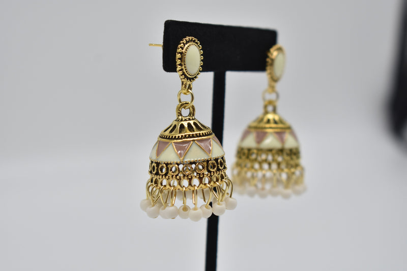 Peach and White Ethnic Jhumka Kundan Style Earrings - Earrings by GTA Desi Store