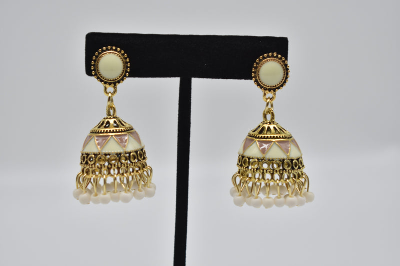 Peach and White Ethnic Jhumka Kundan Style Earrings - Earrings by GTA Desi Store