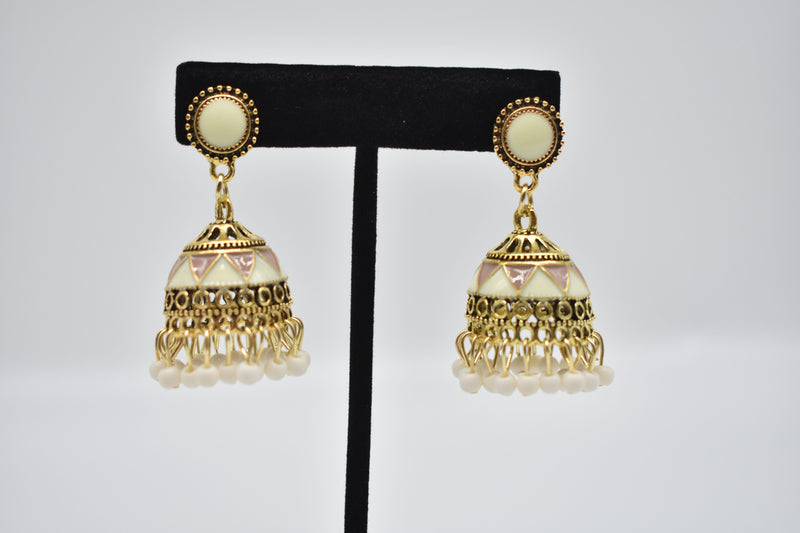 Peach and White Ethnic Jhumka Kundan Style Earrings - Earrings by GTA Desi Store