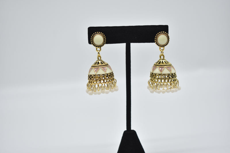 Peach and White Ethnic Jhumka Kundan Style Earrings - Earrings by GTA Desi Store