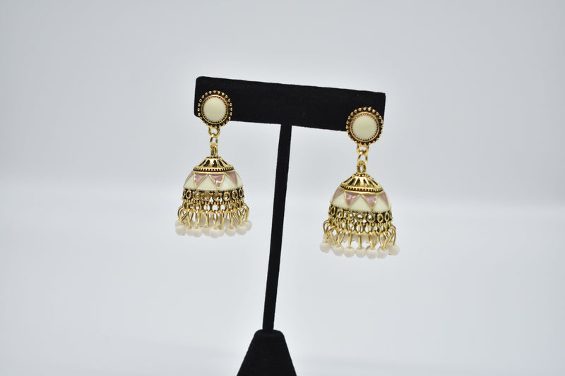 Peach and White Ethnic Jhumka Kundan Style Earrings - Earrings by GTA Desi Store