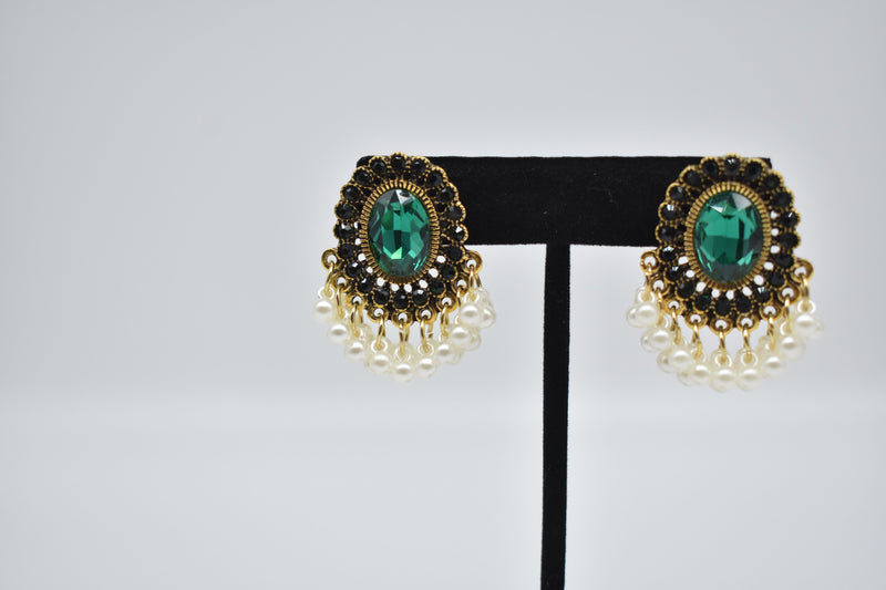 Emerald Pearl with Black Diamonds Earrings - Earrings by GTA Desi Store