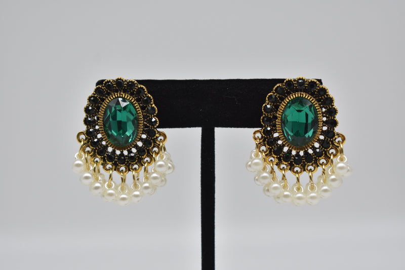 Emerald Pearl with Black Diamonds Earrings - Earrings by GTA Desi Store