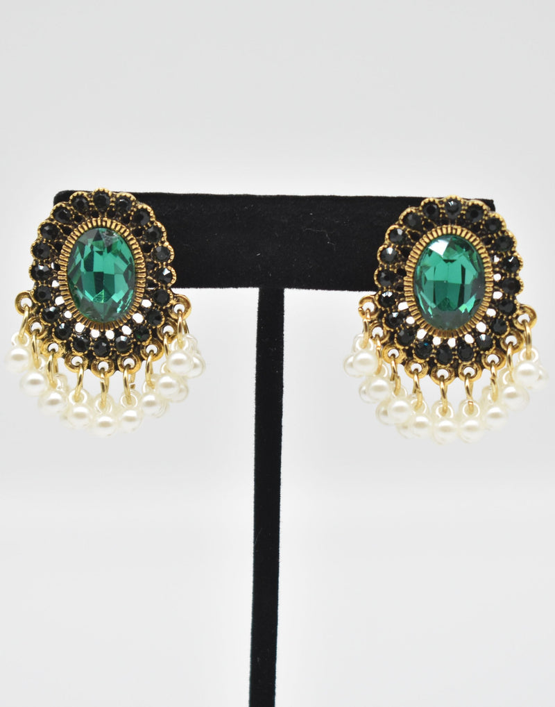 Emerald Pearl with Black Diamonds Earrings - Earrings by GTA Desi Store