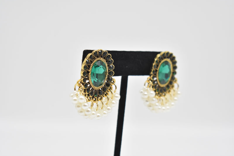 Emerald Pearl with Black Diamonds Earrings - Earrings by GTA Desi Store