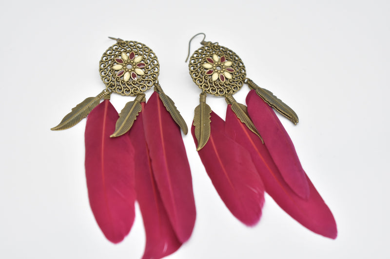 Tribal Ethnic Feather Earrings - Maroon - Earrings by GTA Desi Store