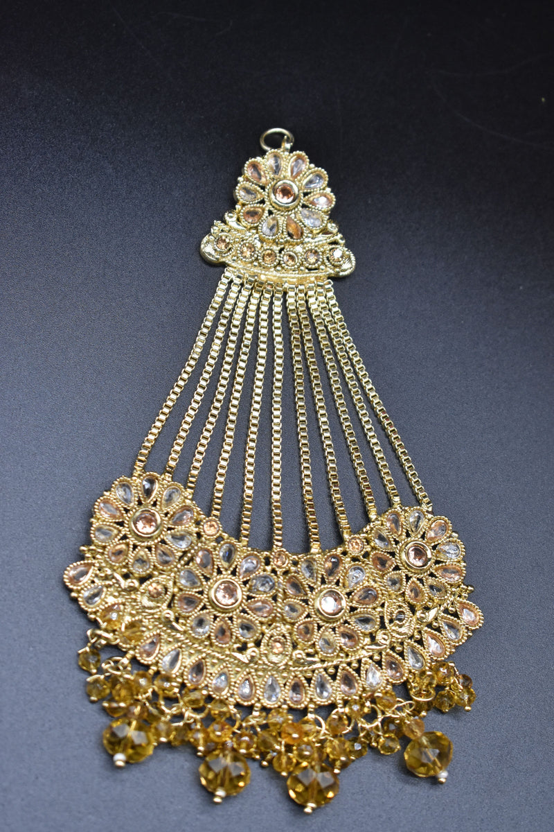 Golden Bridal Jhumar Fancy Jhoomer Hair Jhoomar Teka Matha Patti Wedding Maang Tikka Headband Bindiya Hijab Jewellery Head Wear Head Chain Headpiece Head Tikka Length - Bindiya by GTA Desi Store