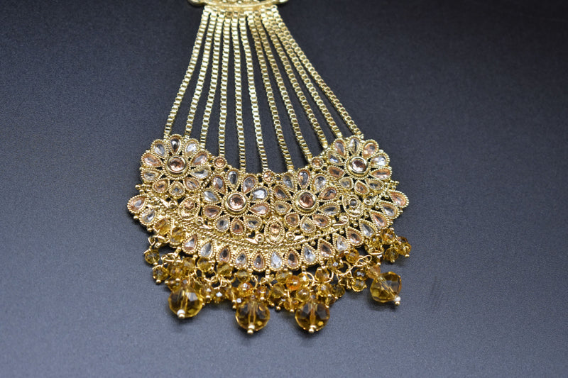 Golden Bridal Jhumar Fancy Jhoomer Hair Jhoomar Teka Matha Patti Wedding Maang Tikka Headband Bindiya Hijab Jewellery Head Wear Head Chain Headpiece Head Tikka Length - Bindiya by GTA Desi Store