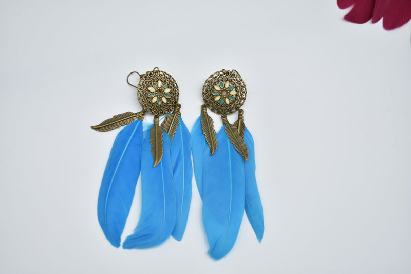 Tribal Ethnic Feather Earrings - Blue - Earrings by GTA Desi Store