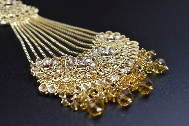 Golden Bridal Jhumar Fancy Jhoomer Hair Jhoomar Teka Matha Patti Wedding Maang Tikka Headband Bindiya Hijab Jewellery Head Wear Head Chain Headpiece Head Tikka Length - Bindiya by GTA Desi Store