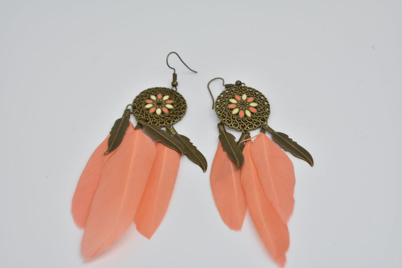 Tribal Ethnic Feather Earrings - Peach - Earrings by GTA Desi Store