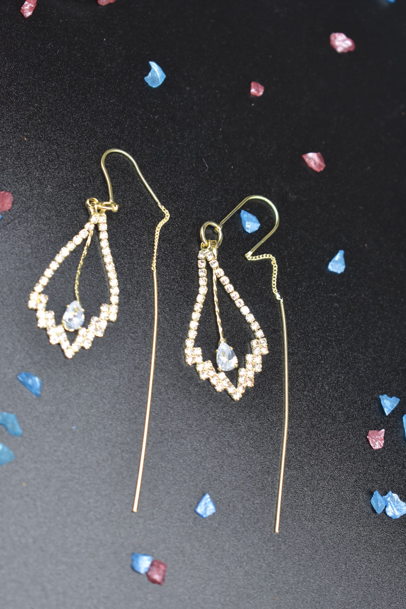 Modern Leaf Gold Earrings with Pear-shaped Crystal - Earrings by GTA Desi Store