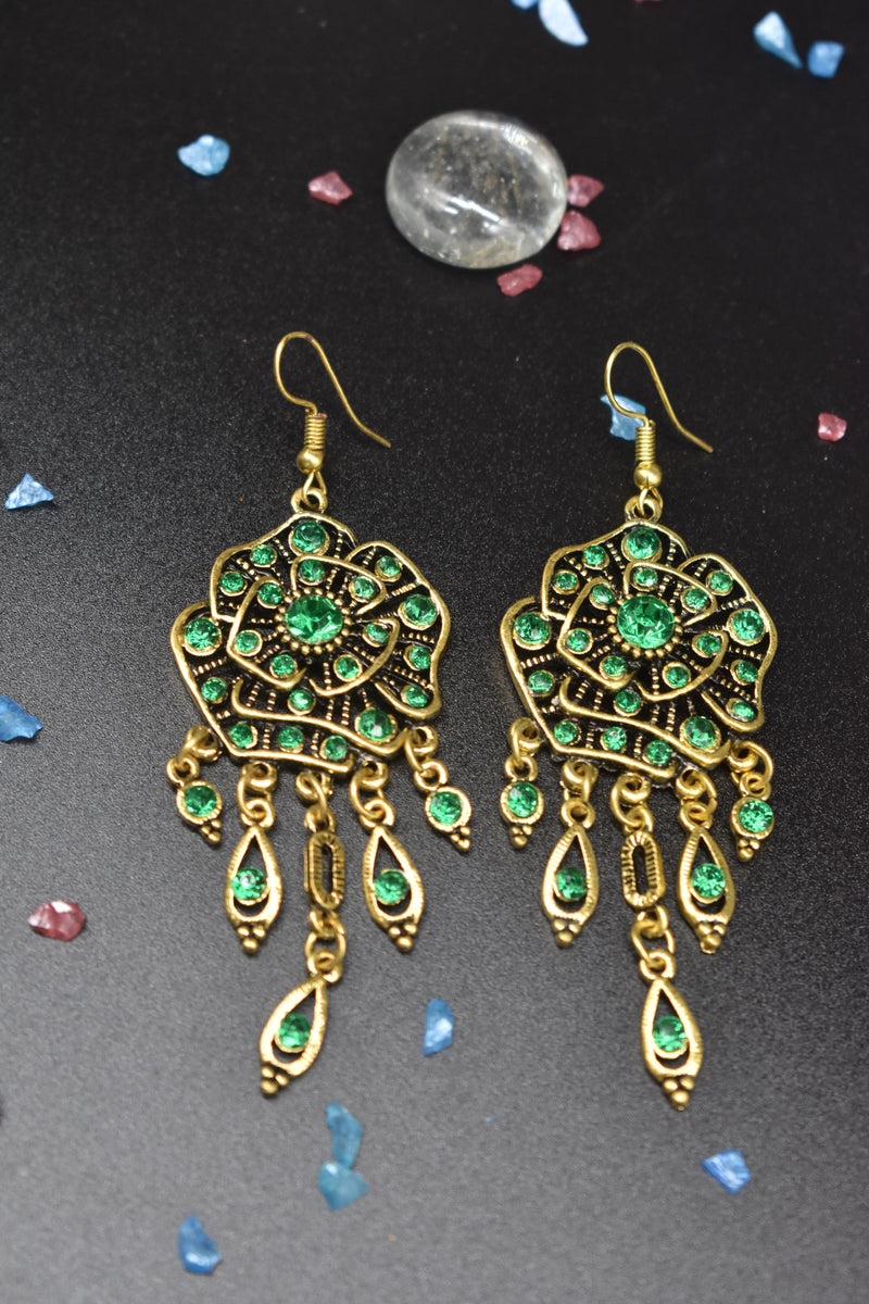 Vintage Gold Earrings with Emerald Colored Crystals - Earrings by GTA Desi Store