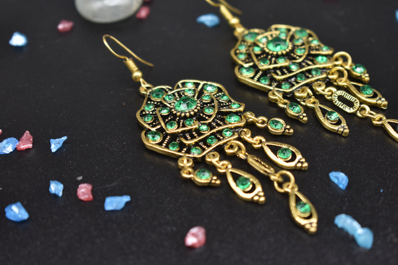 Vintage Gold Earrings with Emerald Colored Crystals - Earrings by GTA Desi Store