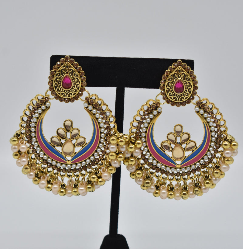 Ruby Jewel Center with Peach and Gold Pearls Ethnic Earrings - Earrings by GTA Desi Store