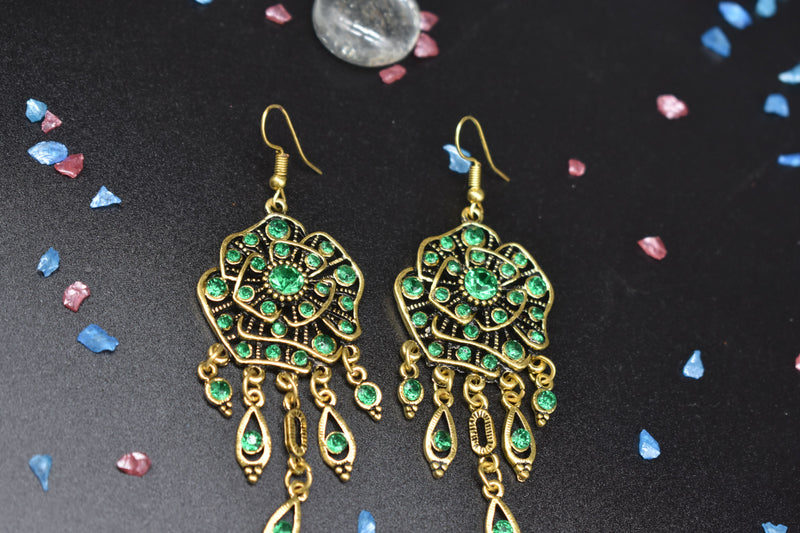 Vintage Gold Earrings with Emerald Colored Crystals - Earrings by GTA Desi Store