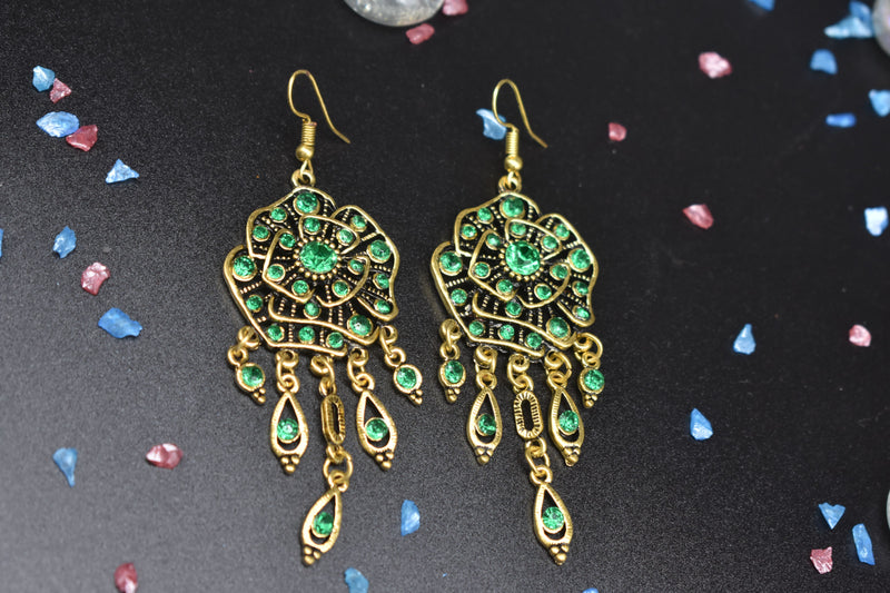 Vintage Gold Earrings with Emerald Colored Crystals - Earrings by GTA Desi Store