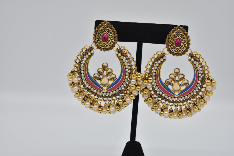 Ruby Jewel Center with Peach and Gold Pearls Ethnic Earrings - Earrings by GTA Desi Store