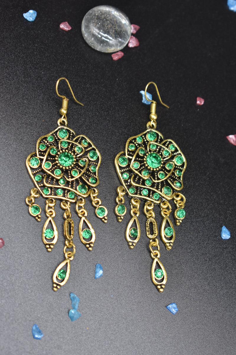 Vintage Gold Earrings with Emerald Colored Crystals - Earrings by GTA Desi Store