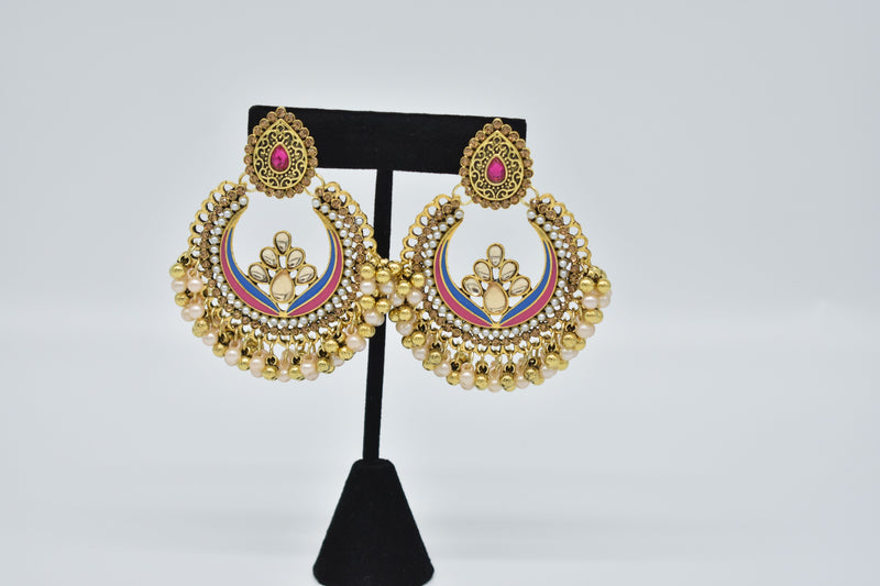 Ruby Jewel Center with Peach and Gold Pearls Ethnic Earrings - Earrings by GTA Desi Store