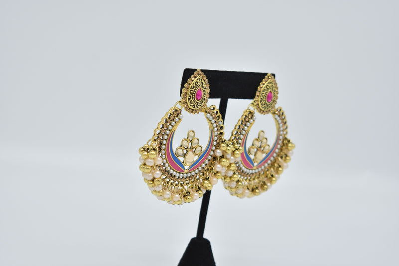Ruby Jewel Center with Peach and Gold Pearls Ethnic Earrings - Earrings by GTA Desi Store
