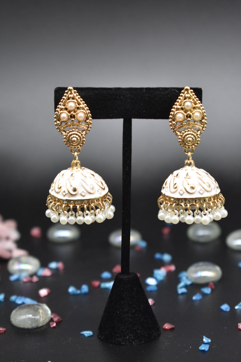 Jhumka Style Earrings with White Pearls (Pink/White) - Earrings by GTA Desi Store
