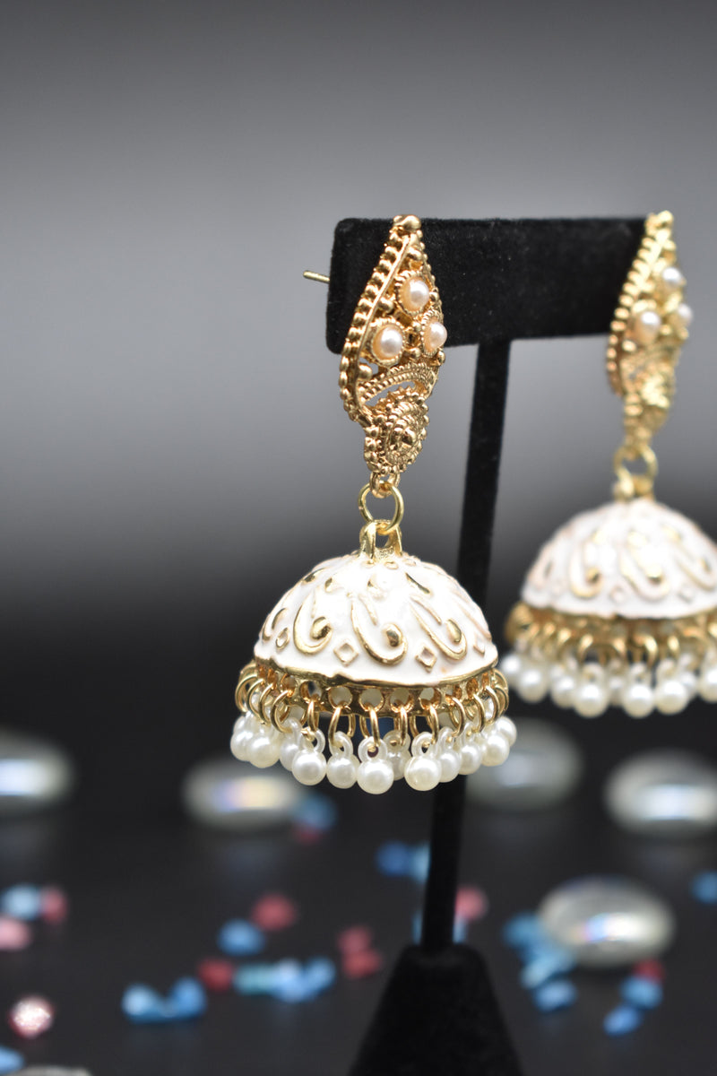 Jhumka Style Earrings with White Pearls (Pink/White) - Earrings by GTA Desi Store