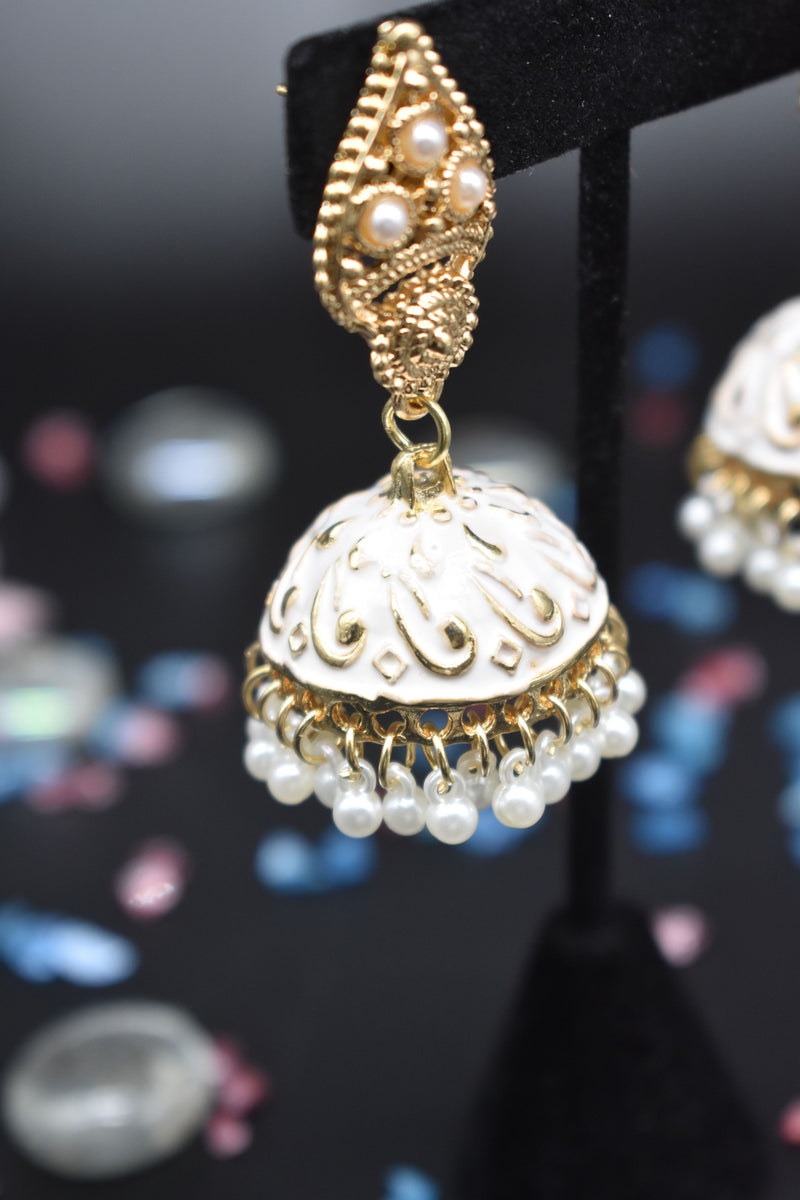 Jhumka Style Earrings with White Pearls (Pink/White) - Earrings by GTA Desi Store