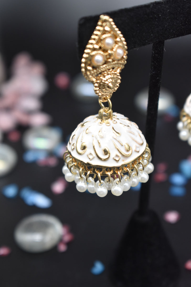 Jhumka Style Earrings with White Pearls (Pink/White) - Crystal White - Earrings by GTA Desi Store