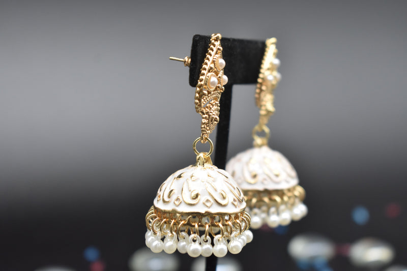 Jhumka Style Earrings with White Pearls (Pink/White) - Earrings by GTA Desi Store