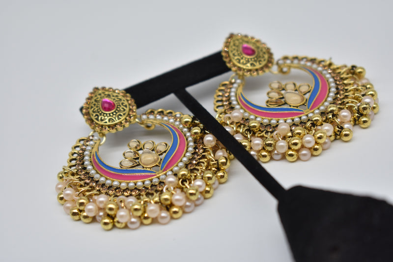 Ruby Jewel Center with Peach and Gold Pearls Ethnic Earrings - Earrings by GTA Desi Store
